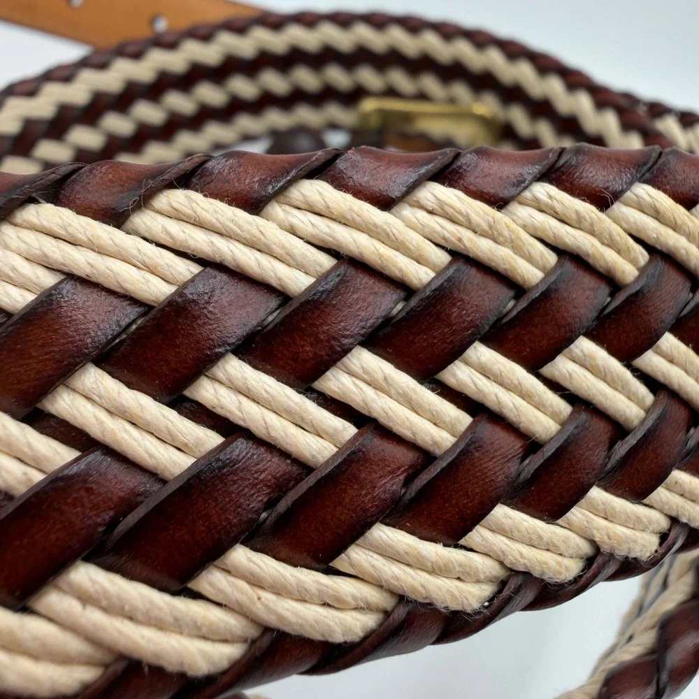 Mens‎ Woven Braided Leather Belt Brown Cream Crocodile Embossed Size 38